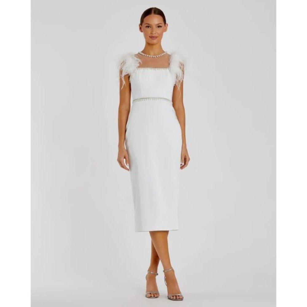 Mac Duggal White Feather Cap Sleeve Pearl Embellished Tea-length Dress $598 Sz 4